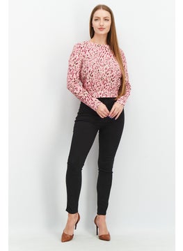 Mohito Women Round Neck Long Sleeve Animal Print Tie Back Strap Blouse, Pink Combo  - Image 3