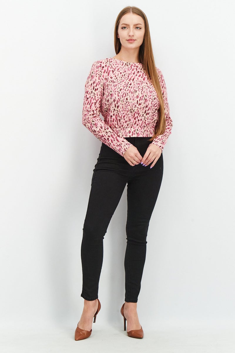 Mohito Women Round Neck Long Sleeve Animal Print Tie Back Strap Blouse, Multicolor - Image 3