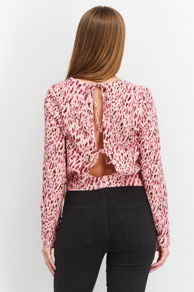 Mohito Women Round Neck Long Sleeve Animal Print Tie Back Strap Blouse, Multicolor - Image 2