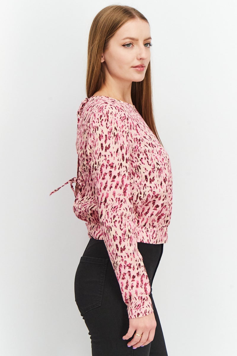 Mohito Women Round Neck Long Sleeve Animal Print Tie Back Strap Blouse, Multicolor - Image 4