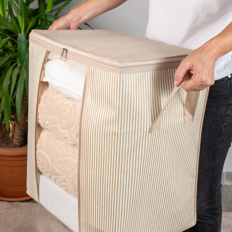 ناكاريف Windowed Line Pattern Printed Beige Pillowcase Blanket Organizer Storage Bag 45X30X50 cm