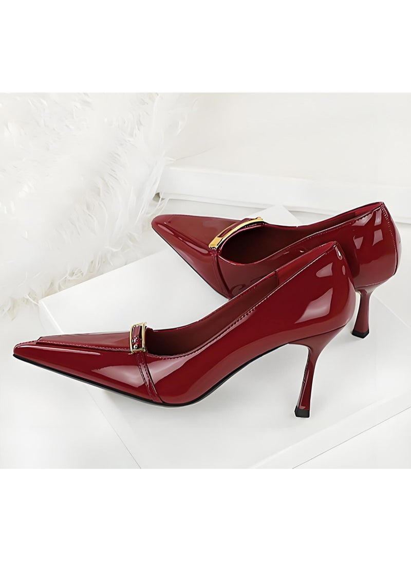 BIGTREE Women's Stiletto Pumps Closed Pointed Toe High Heels Party Dress Shoes Wine Red 8CM - Image 3
