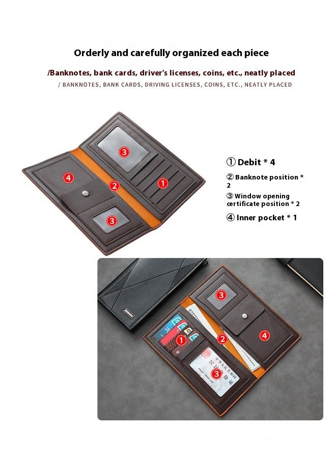 Long Men's Wallet Multi-Card Clutch Wallet Retro Business Texture Wallet Card Holder Coin Purse Suitable For Husband Father Son Boyfriend Dark Black