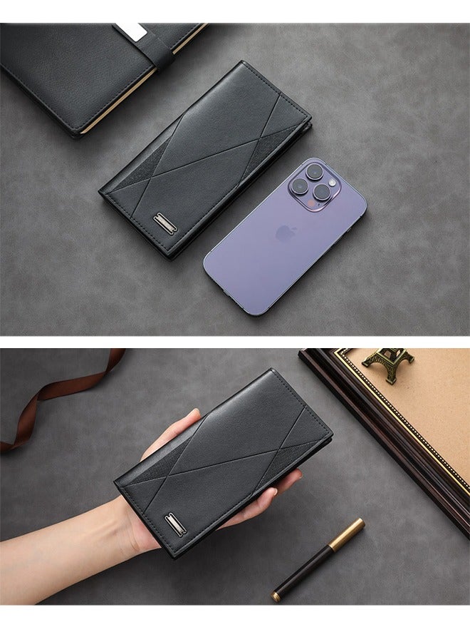 Long Men's Wallet Multi-Card Clutch Wallet Retro Business Texture Wallet Card Holder Coin Purse Suitable For Husband Father Son Boyfriend Dark Black