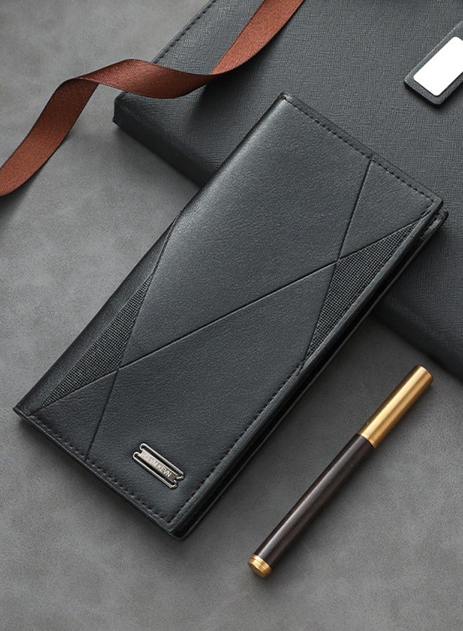 Long Men's Wallet Multi-Card Clutch Wallet Retro Business Texture Wallet Card Holder Coin Purse Suitable For Husband Father Son Boyfriend Dark Black