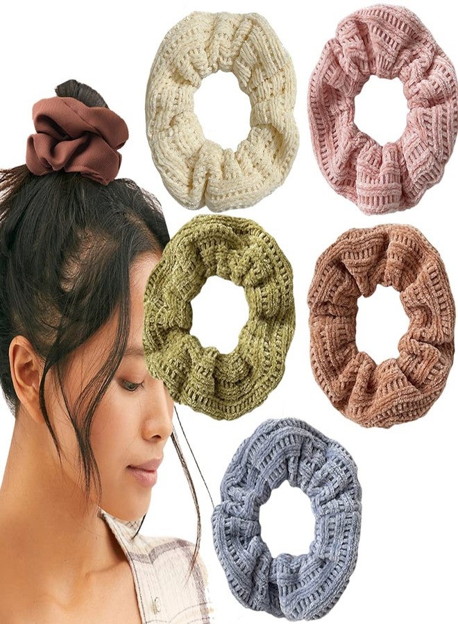 DINPREY 5 Pack Cotton Fluffy Knit Scrunchies for Women Girls, Faux Fur Pom Pom Rabbit Hair Scrunchies, 5B Color - Image 1