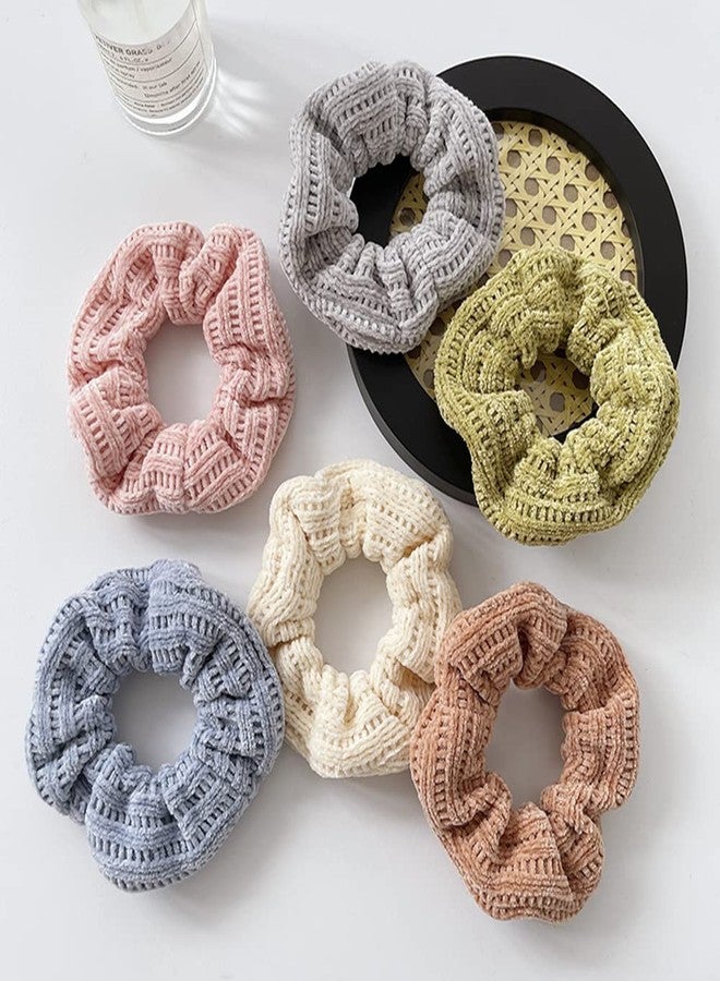 DINPREY 5 Pack Cotton Fluffy Knit Scrunchies for Women Girls, Faux Fur Pom Pom Rabbit Hair Scrunchies, 5B Color - Image 2