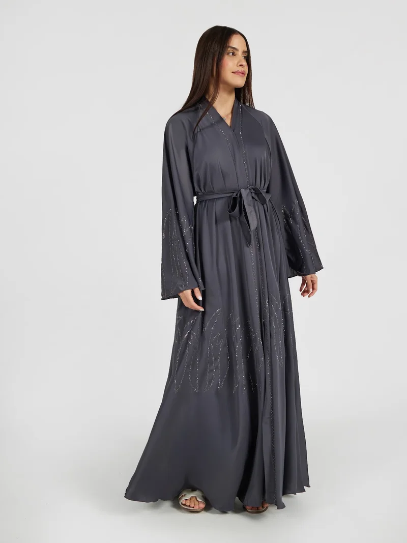 Reem Abayas Charcoal Grey Satin Abaya with Vertical Sequin Drip Embroidery