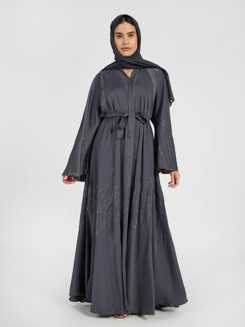 Reem Abayas Charcoal Grey Satin Abaya with Vertical Sequin Drip Embroidery