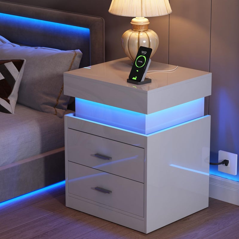 ChooChoo LED Nightstand with Charging Station Smart Night Stand with Sliding Top Storage 2Drawers High Gloss Bedside Table Modern End Table for BedroomWhite