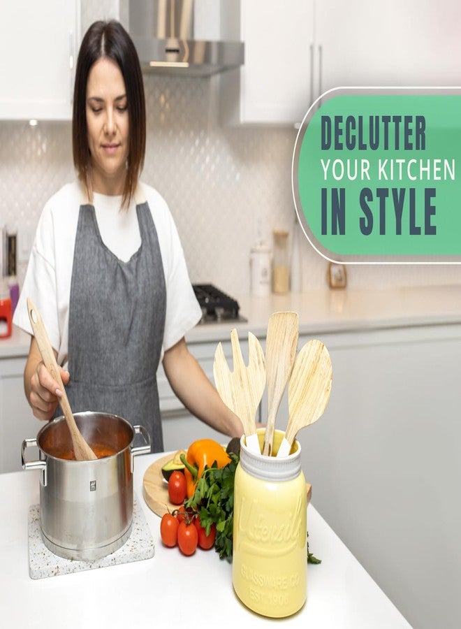 Comfify حامل أدوات جرة ميسون واسعة الفم من كومفي، منظم أدوات مطبخ زخرفي، آمن في غسالة الصحون - حاملة مطبخ خضراء، حجم كبير 7" ارتفاع - أصفر - Image 4