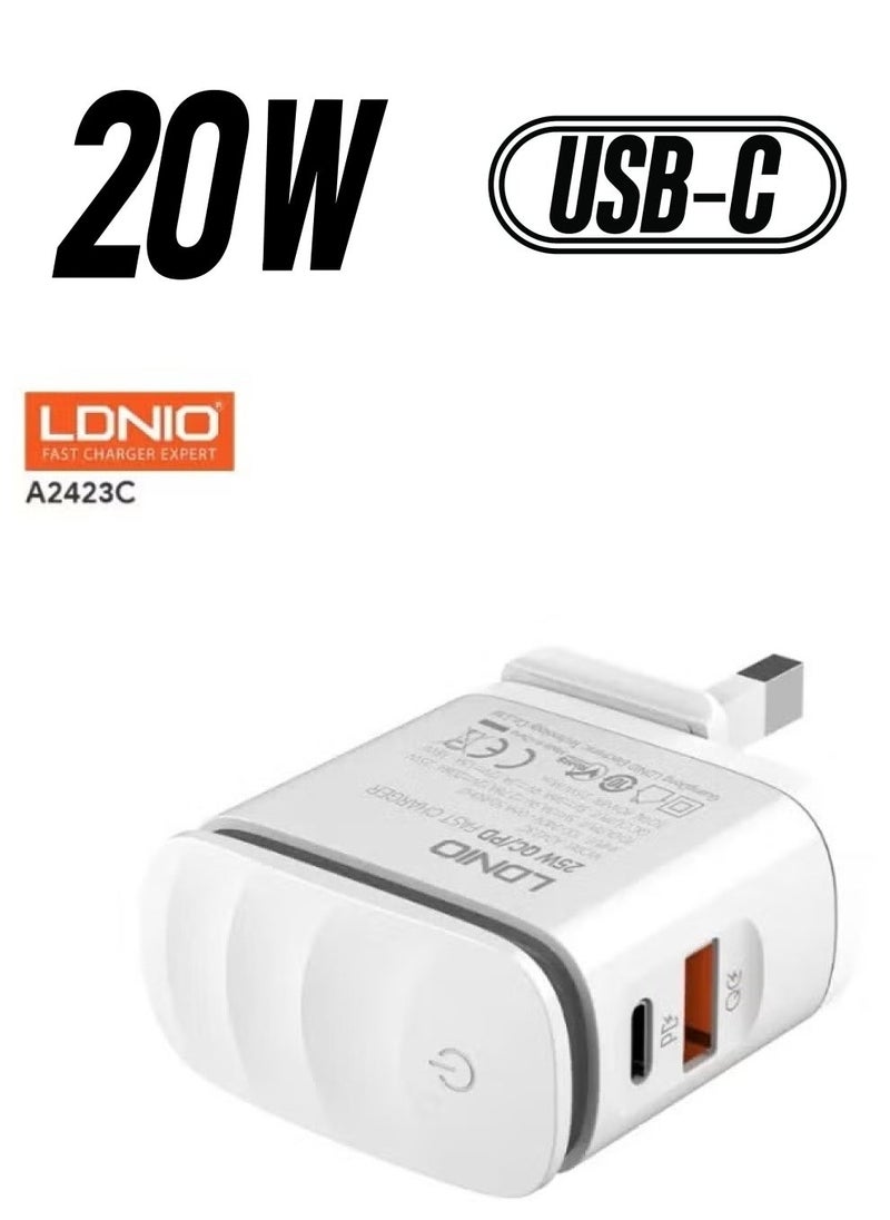 JAJEEK A2423C High-Quality EU Plug Fast Charger with LED Dual Port (Type-C & USB), 20W Fast Charging, Includes Type-C to Type-C Charging Cable – White, Compact Power Adapter for Smartphones and Tablets - Image 1