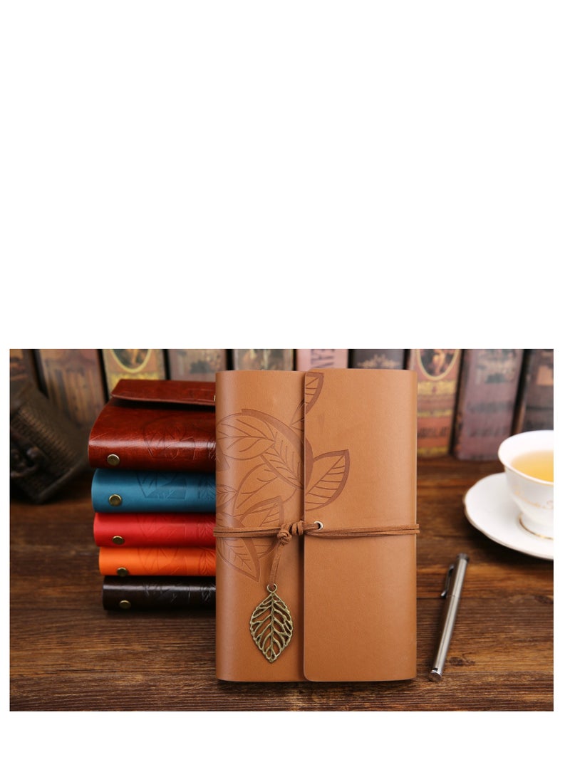 Generic Vintage Leather Notebook, Retro Writing Journal Diary Pu Leather Cover, Leaf Pattern Spiral Blank String Daily Notepad, Art Sketchbook, Retro Pendants, Classic Embossed, Loose Leaf (Brown)  - Image 2