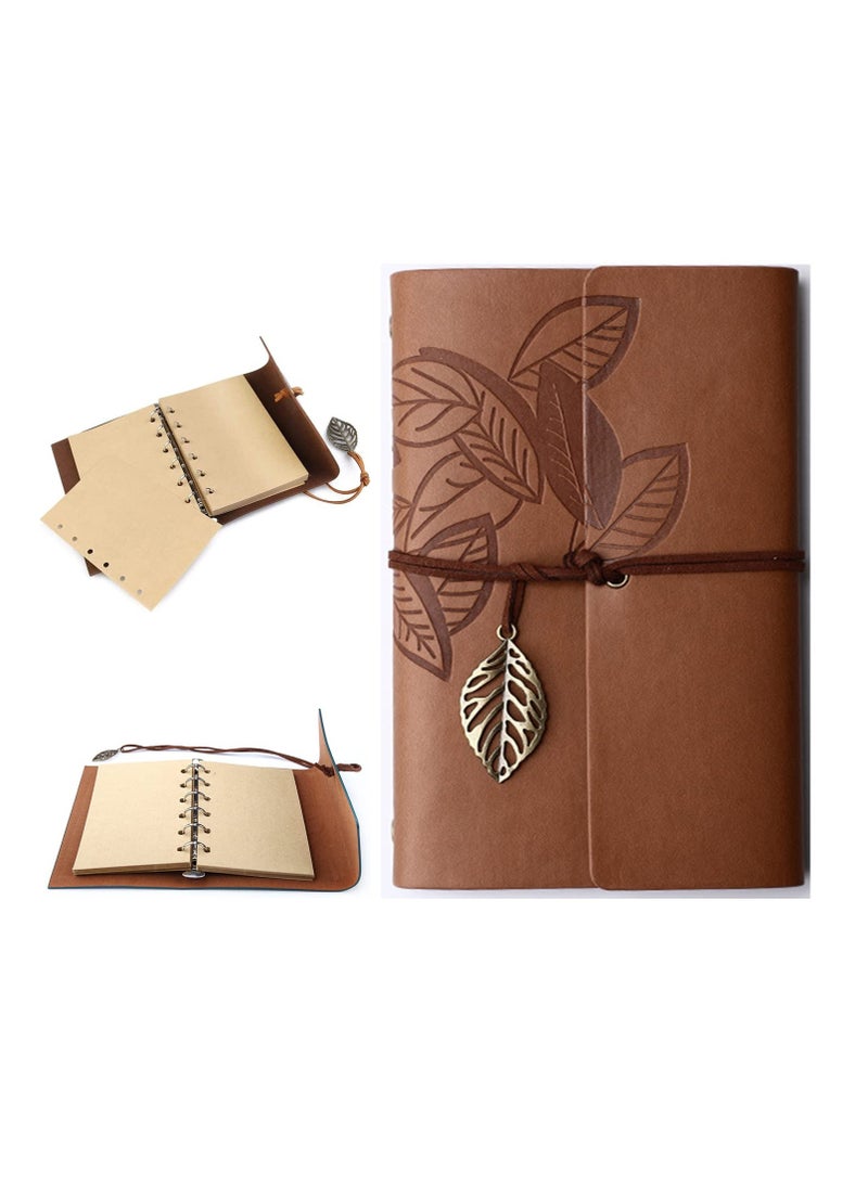 Generic Vintage Leather Notebook, Retro Writing Journal Diary Pu Leather Cover, Leaf Pattern Spiral Blank String Daily Notepad, Art Sketchbook, Retro Pendants, Classic Embossed, Loose Leaf (Brown)  - Image 1