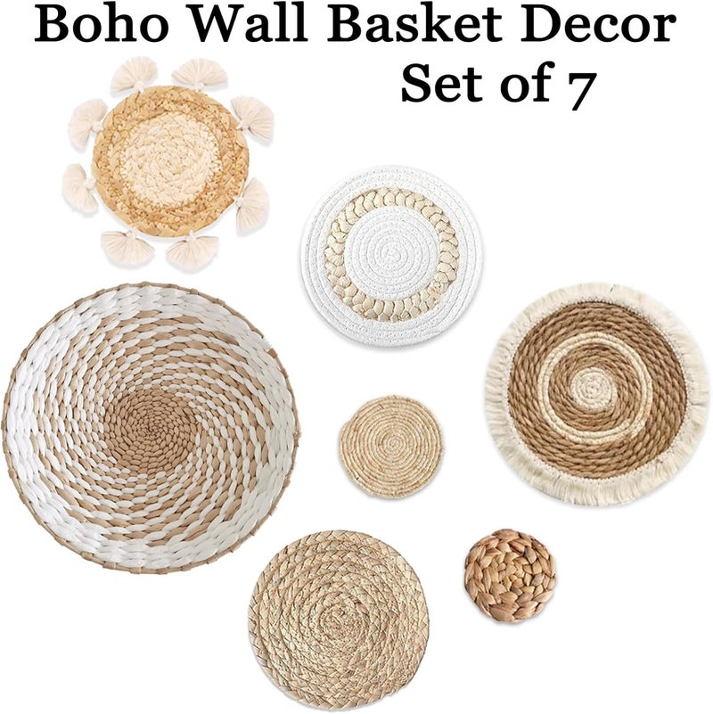 Dimpola 7 Pack Boho Wall Basket Decor - Seagrass Rattan Wicker Wall Decor Round Handmade Hanging Rustic Flat Elegant Wall Art for Farmhouse Living Rooms Bedrooms Display Table Settings Kitchen Home - Image 4