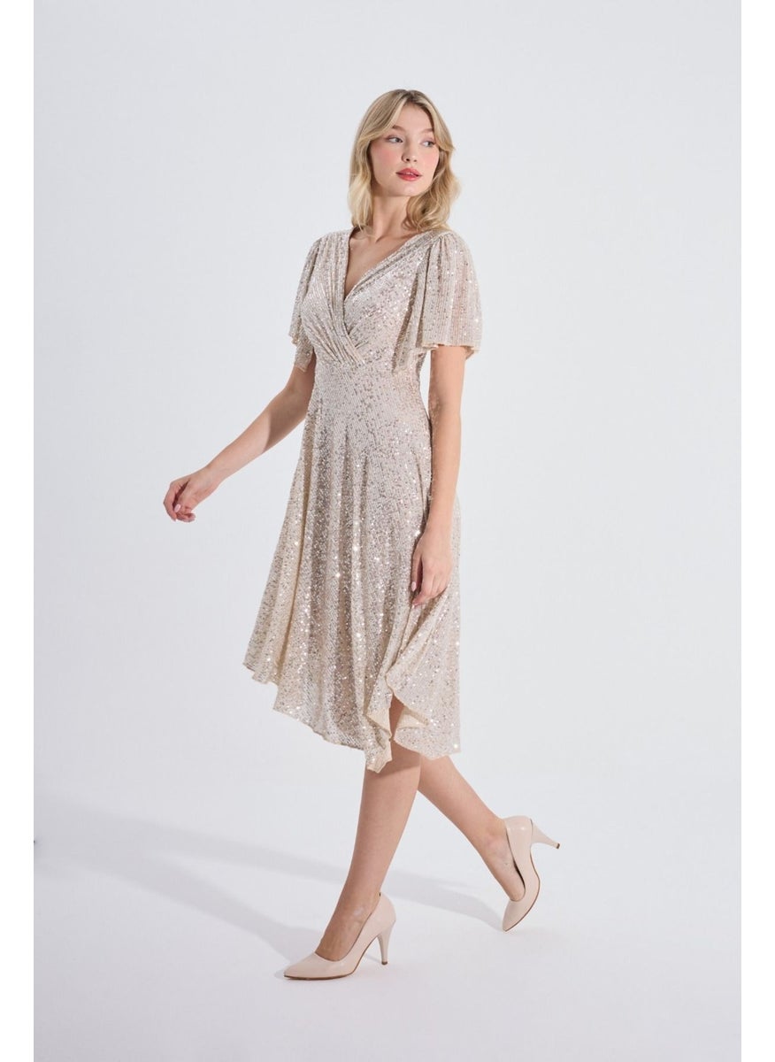 HOX'S Angel | Sequined Midi Flared Evening Dress Double Breasted Neck Handkerchief Sleeve Asymmetrical Skirt - Beige  - Image 1