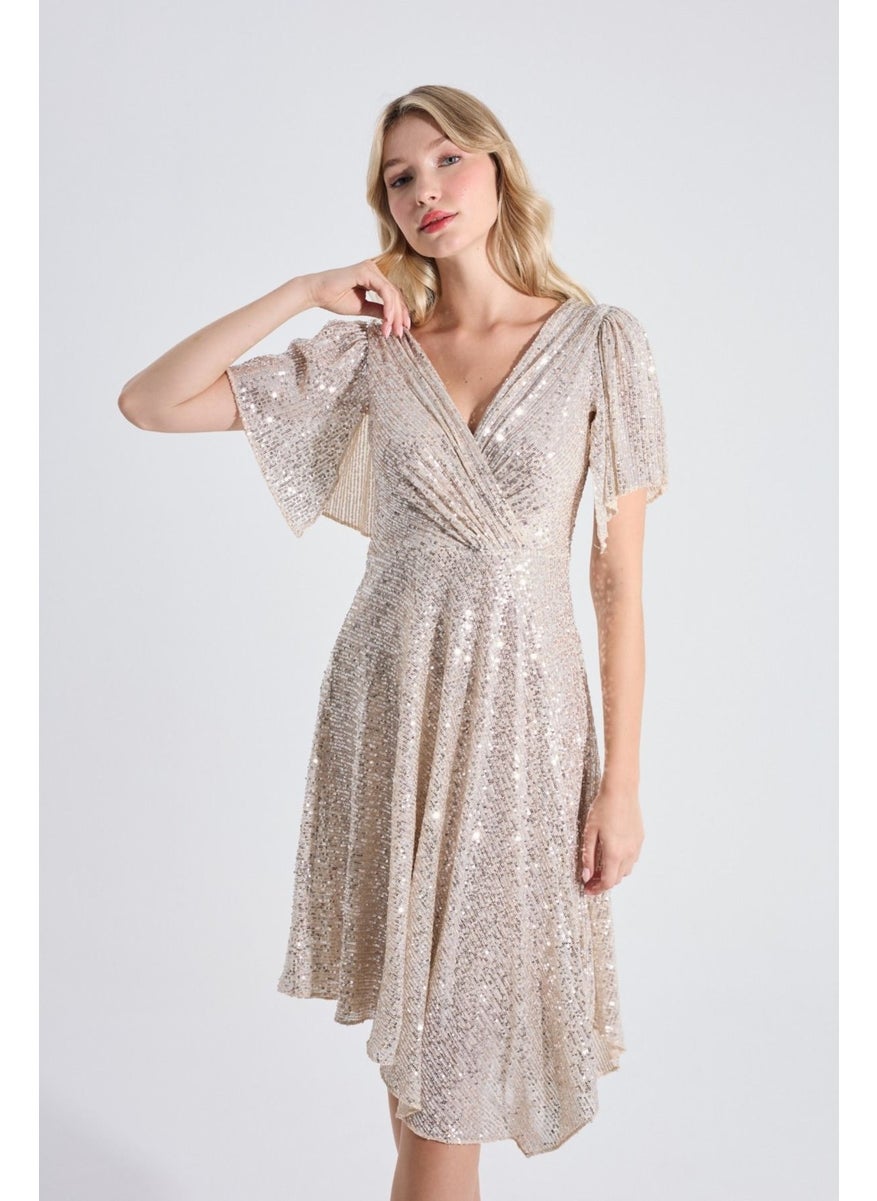 HOX'S Angel | Sequined Midi Flared Evening Dress Double Breasted Neck Handkerchief Sleeve Asymmetrical Skirt - Beige  - Image 2