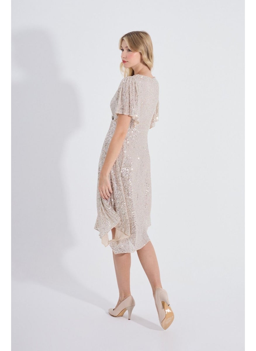 HOX'S Angel | Sequined Midi Flared Evening Dress Double Breasted Neck Handkerchief Sleeve Asymmetrical Skirt - Beige  - Image 4