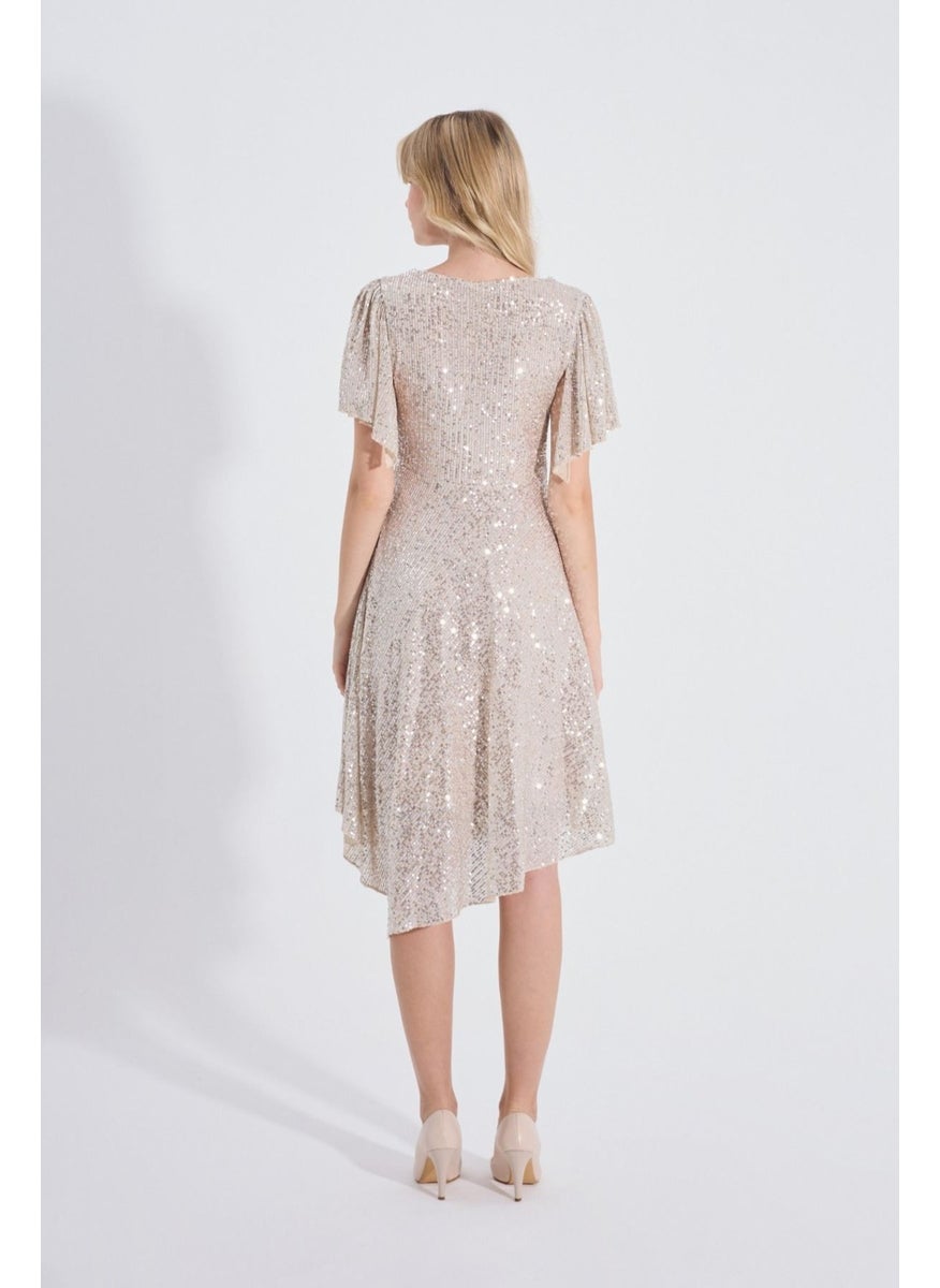 HOX'S Angel | Sequined Midi Flared Evening Dress Double Breasted Neck Handkerchief Sleeve Asymmetrical Skirt - Beige  - Image 5