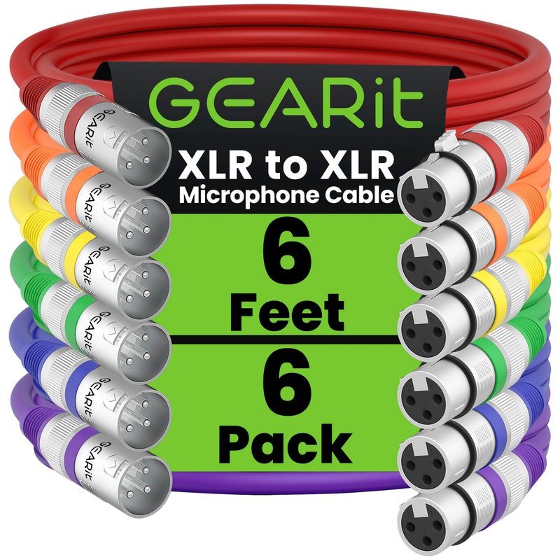 GEARit XLR Microphone Cable (6 Feet, 6 Pack) - 6Ft XLR Male to Female Mic Cable for Mixer, Studio, Podcast - Multi Colored, Shielded - Image 1