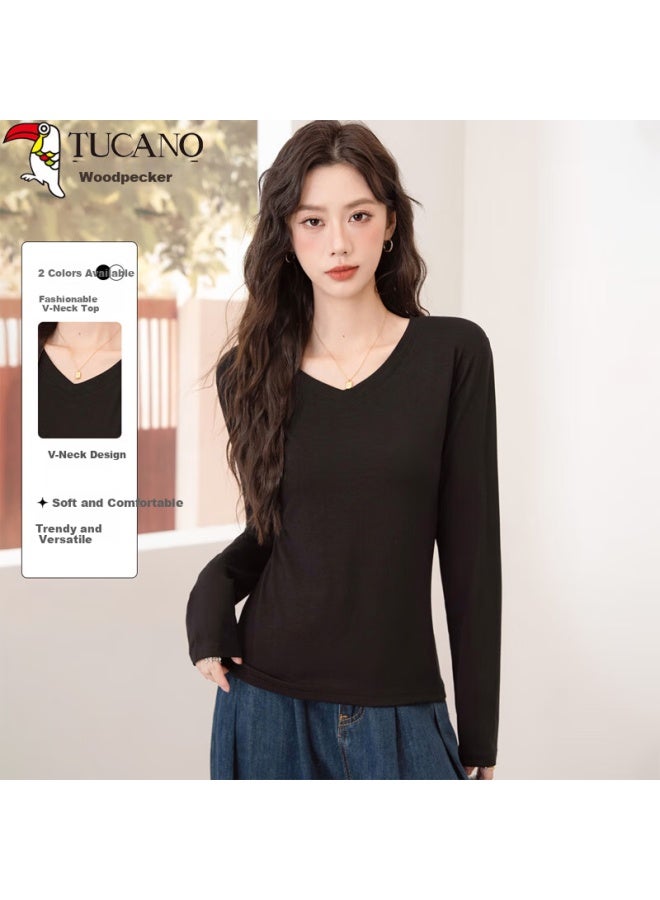 Wood Women's Fitted V-neck Long Sleeve Ribbed Cotton Base Layer T-shirt Black S