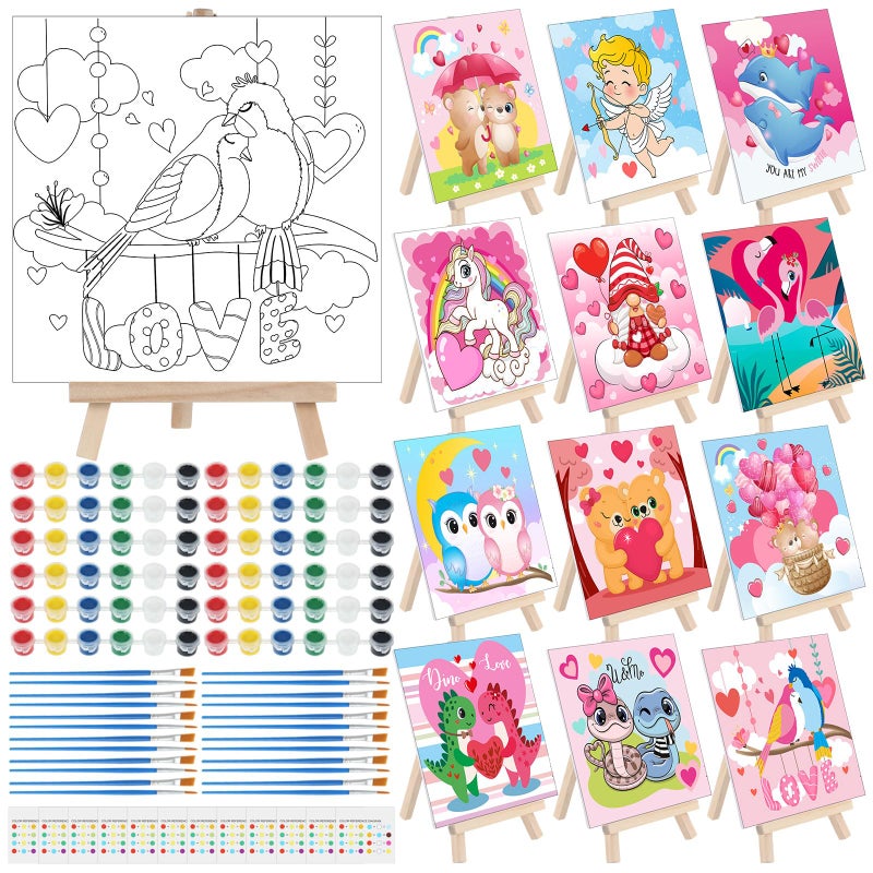 Tenceur 12 Sets Pre Drawn Canvas to Paint Adult Stretched Coloring Painting Canvas Panels with Design Easel and Brushes for Party Supplies Beginner FavorDinosaur