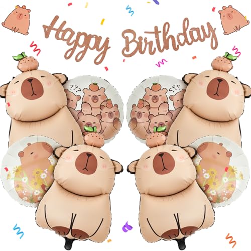 Trandraft 9 Pcs Capybara Birthday Party Decorations Includes 1 Capybara Birthday Banner 4 Capybara Shaped Balloons 4 Round Balloons for Capybara Party Favors Capybara Theme Party Supplies Decor - Image 1