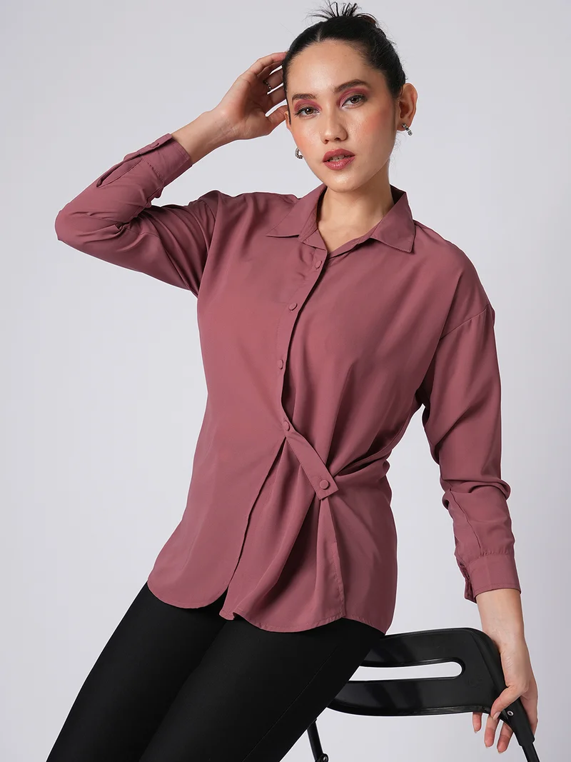 globus Women Collared Neck Cuffed Sleeves Solid Satin Relaxed Fit Shirt Style Top
