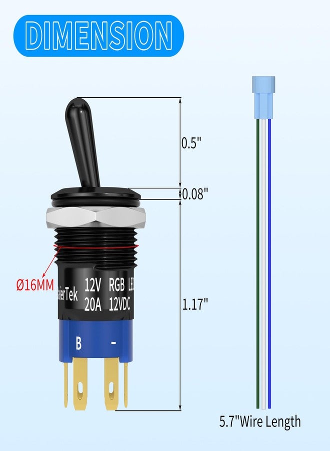 DAIERTEK مفتاح تبديل مضيء من DAIERTEK، مقاوم للماء، 12 فولت، مزود بإضاءة RGB LED، مفتاح تبديل بحري، 16 مم، 12 فولت، 20 أمبير، مفتاح معدني متأرجح شديد التحمل، مناسب للسيارات والقوارب. - Image 2