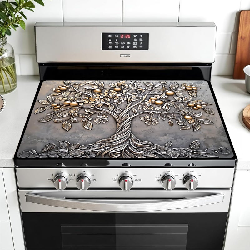 AOHMPT Multi-Design Stove Top Cover for Glass/Electric Stoves - 3-in-1 Heat-Resistant Protector Mat, Non-Slip Drying Rack 28"x20" (Silver Fruit Tree, 28" L x 20" W) - Image 1