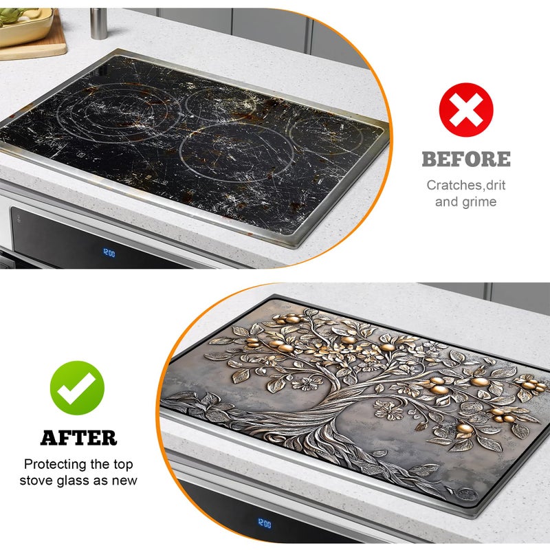 AOHMPT Multi-Design Stove Top Cover for Glass/Electric Stoves - 3-in-1 Heat-Resistant Protector Mat, Non-Slip Drying Rack 28"x20" (Silver Fruit Tree, 28" L x 20" W) - Image 5
