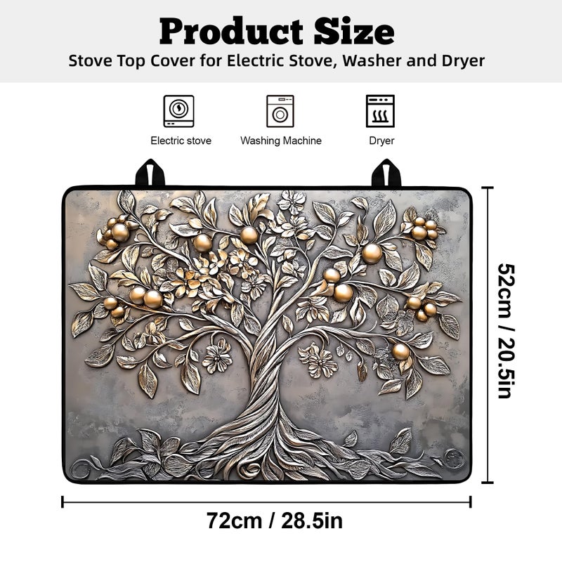 AOHMPT Multi-Design Stove Top Cover for Glass/Electric Stoves - 3-in-1 Heat-Resistant Protector Mat, Non-Slip Drying Rack 28"x20" (Silver Fruit Tree, 28" L x 20" W) - Image 2