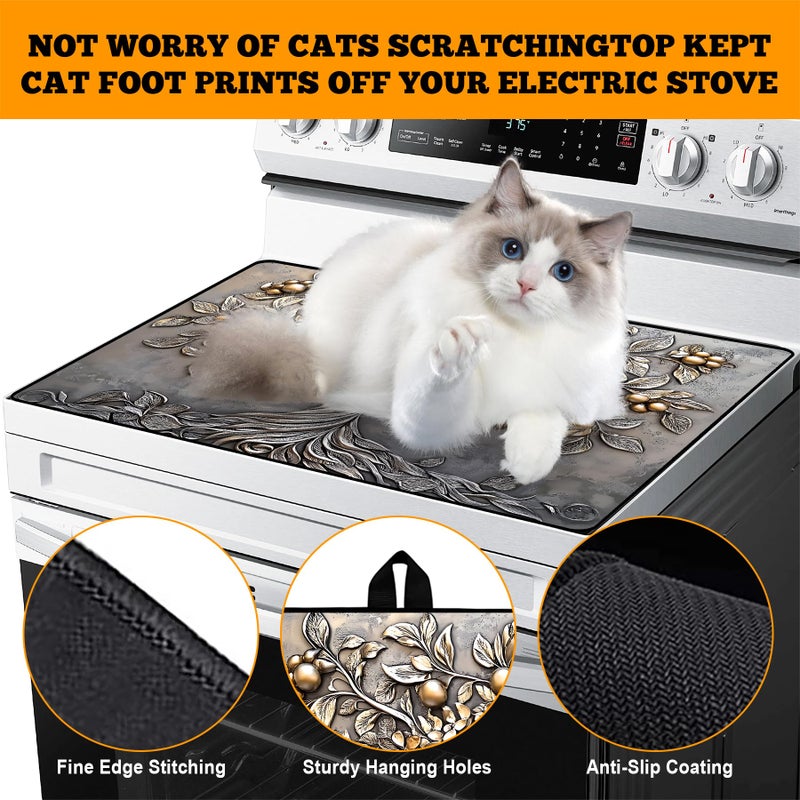 AOHMPT Multi-Design Stove Top Cover for Glass/Electric Stoves - 3-in-1 Heat-Resistant Protector Mat, Non-Slip Drying Rack 28"x20" (Silver Fruit Tree, 28" L x 20" W) - Image 4