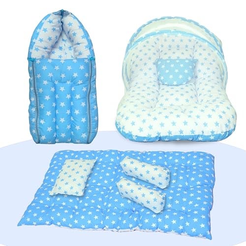 Infans Mini Baby Bedding Set for New Born Baby Sleeping Bag, Mosquito Net Bed, Sleeping Mattress Suitable for 6 Months Babies (Star Blue) - Image 1
