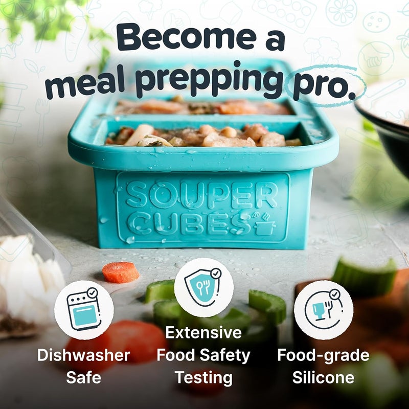 Souper Cubes 1 Cup Silicone Freezer Molds - Soup Cubes Perfect for Freezing Broth, Rice, Leftovers and More - Silicone Freezer Trays with Lids for Meal Prep - Aqua - 1-Pack - Image 3