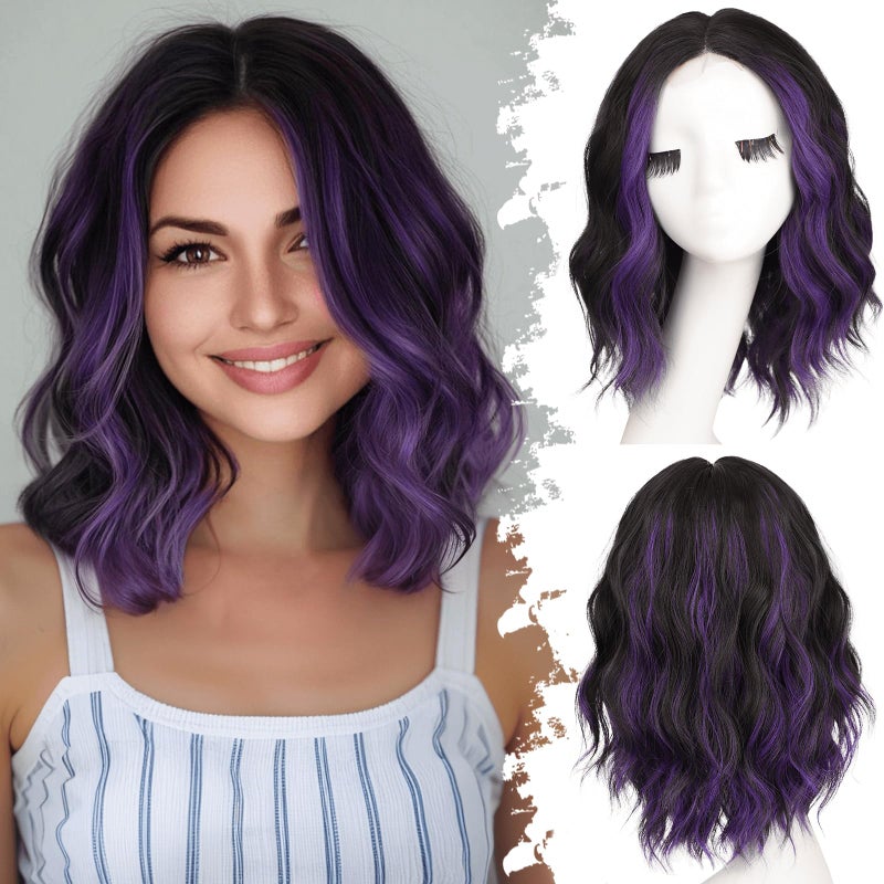 Eawwii Black Mix Purple Short Wavy Wig for Women Lace Hairline Bob Style Synthetic Heat Resistant - Natural Appearance for Everyday Hairstyle 14 Inch