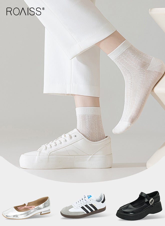 roaiss 5 Pairs Women's Mid-Calf Socks, Solid Color Thin Mesh Breathable Cotton Socks for Ladies, All-Season Antibacterial Sweat-Wicking Mid-Calf Socks, Black & White - Image 3