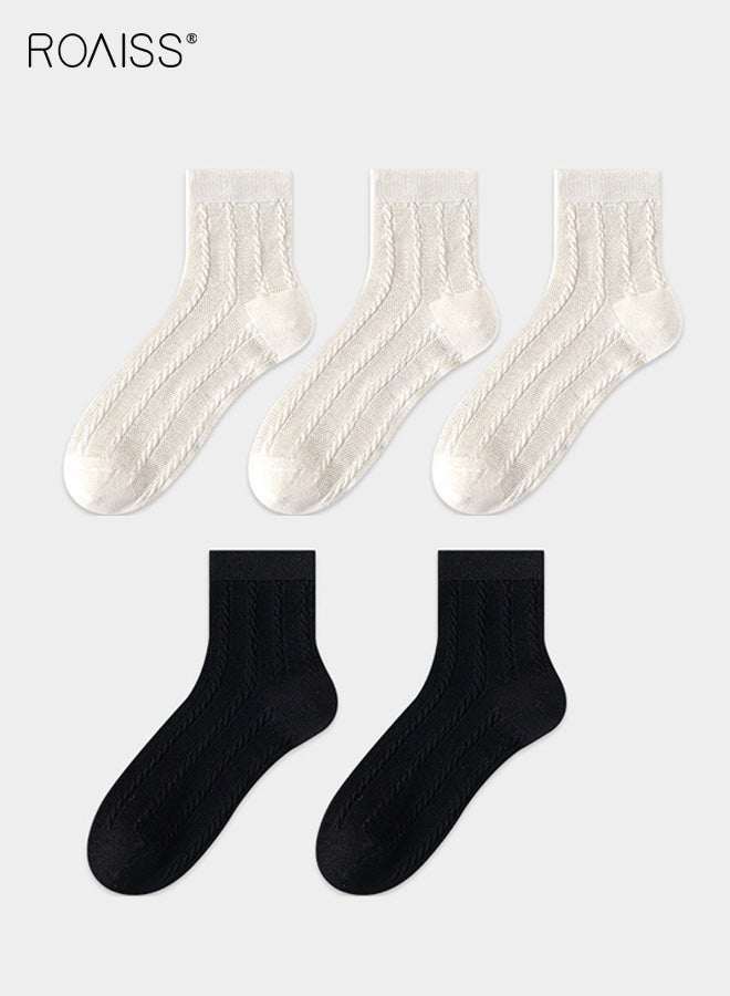 roaiss 5 Pairs Women's Mid-Calf Socks, Solid Color Thin Mesh Breathable Cotton Socks for Ladies, All-Season Antibacterial Sweat-Wicking Mid-Calf Socks, Black & White - Image 1