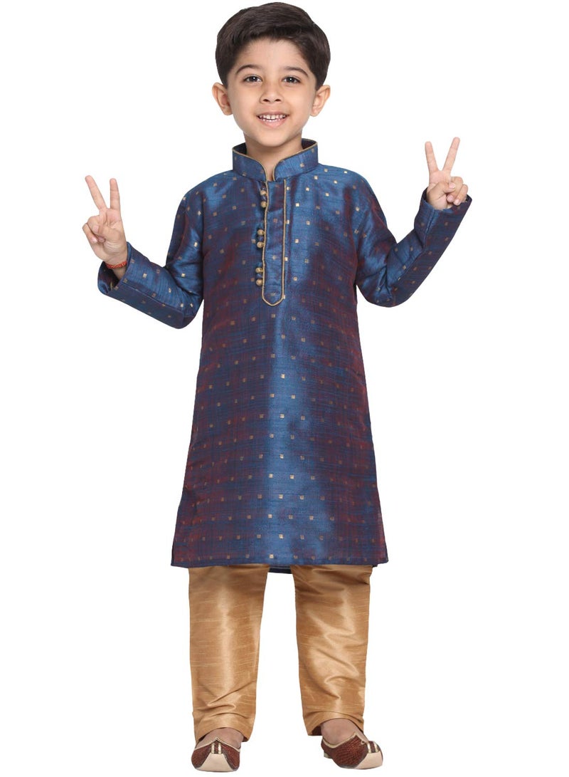 JBN Creation Boys' Persian Blue and Rose Gold Silk Blend Kurta and Pyjama Set_VASBK023BUnPRG_22 - Image 1