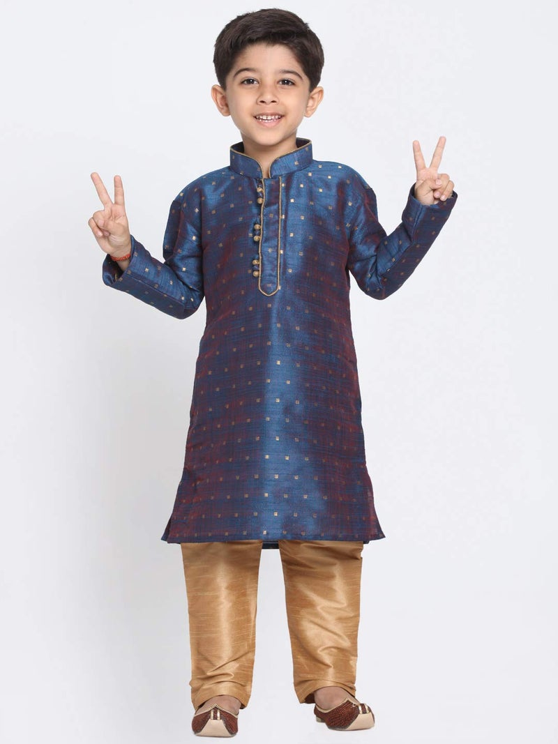 JBN Creation Boys' Persian Blue and Rose Gold Silk Blend Kurta and Pyjama Set_VASBK023BUnPRG_22 - Image 2