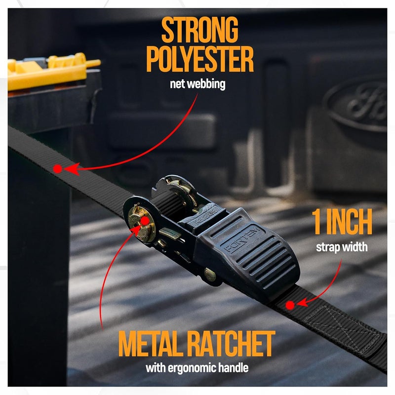 FORTEM Ratchet Straps, Tie Down Strap Set 1650lb Break Strength, 4 Pack 15ft x 1in, 4 Soft Loops, Moving Straps Tie Downs, Cargo Cam Buckles for Trucks, Carry Bag, for Men - Image 2