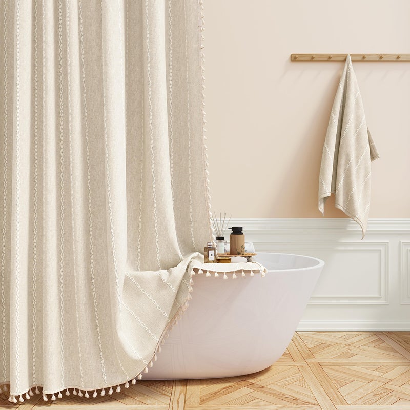 BTTN Boho Farmhouse Shower Curtain, Linen Rustic Weighted Striped Cloth Shower Curtain Set with Tassel, Water Repellent, Bohemian Vintage Country Fabric Shower Curtain for Bathroom, Cream/Beige, 72x72 - Image 1