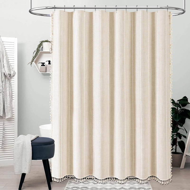 BTTN Boho Farmhouse Shower Curtain, Linen Rustic Weighted Striped Cloth Shower Curtain Set with Tassel, Water Repellent, Bohemian Vintage Country Fabric Shower Curtain for Bathroom, Cream/Beige, 72x72 - Image 2