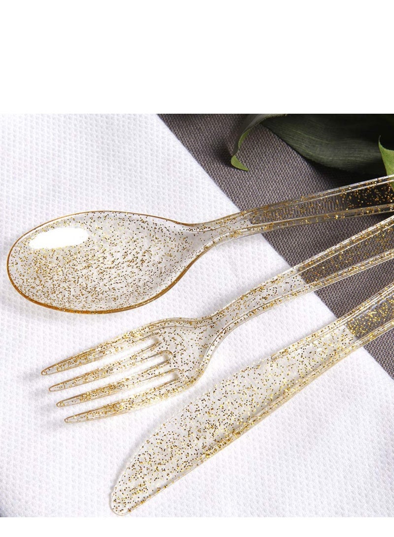 SYOSI 30 Pieces PVC Plastic Knife and Fork Cutlery Set,Disposable Gold Glitter Plastic Tableware Set - Plastic Tableware Includes: 10 Gold Forks, 10 Gold Spoons, 10 Gold Knives Fancy Partyware  - Image 2