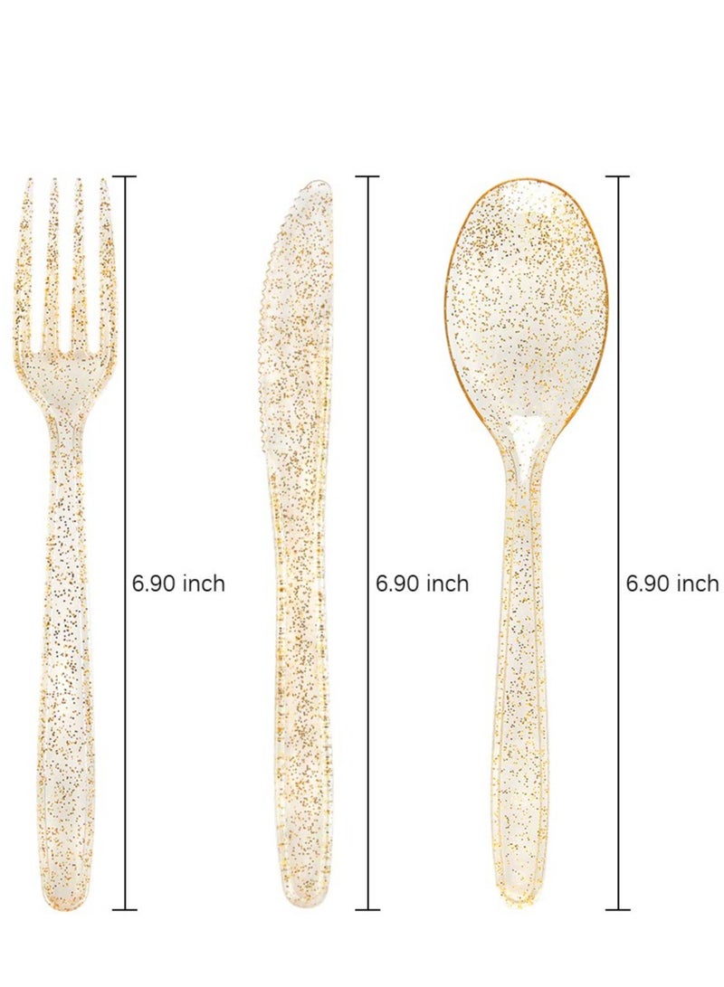 SYOSI 30 Pieces PVC Plastic Knife and Fork Cutlery Set,Disposable Gold Glitter Plastic Tableware Set - Plastic Tableware Includes: 10 Gold Forks, 10 Gold Spoons, 10 Gold Knives Fancy Partyware  - Image 3