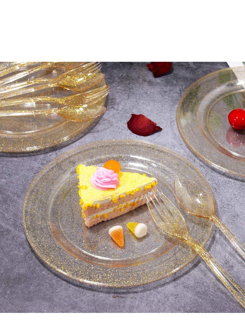SYOSI 30 Pieces PVC Plastic Knife and Fork Cutlery Set,Disposable Gold Glitter Plastic Tableware Set - Plastic Tableware Includes: 10 Gold Forks, 10 Gold Spoons, 10 Gold Knives Fancy Partyware  - Image 5