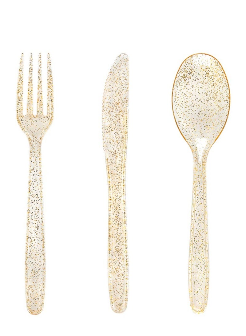 SYOSI 30 Pieces PVC Plastic Knife and Fork Cutlery Set,Disposable Gold Glitter Plastic Tableware Set - Plastic Tableware Includes: 10 Gold Forks, 10 Gold Spoons, 10 Gold Knives Fancy Partyware  - Image 1
