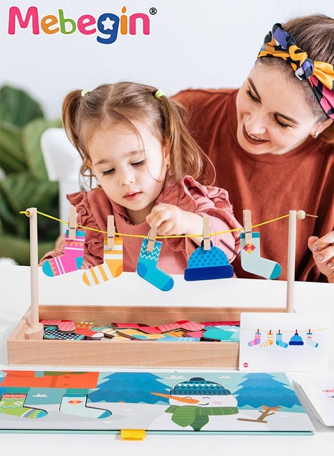 Funny Sock Drying Game, Sock Pairing Toy Set, Wooden Pairing Socks Puzzle with Storage Box and 20 Cards, No Need for Cropping, Educational Memory and Observation Game for Children, Interactive Family Game