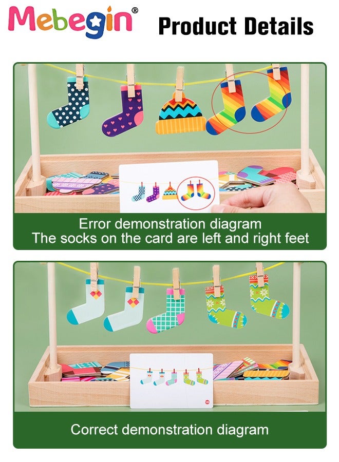 MEBEGIN Funny Sock Drying Game, Sock Pairing Toy Set, Wooden Pairing Socks Puzzle with Storage Box and 20 Cards, No Need for Cropping, Educational Memory and Observation Game for Children, Interactive Family Game  - Image 4