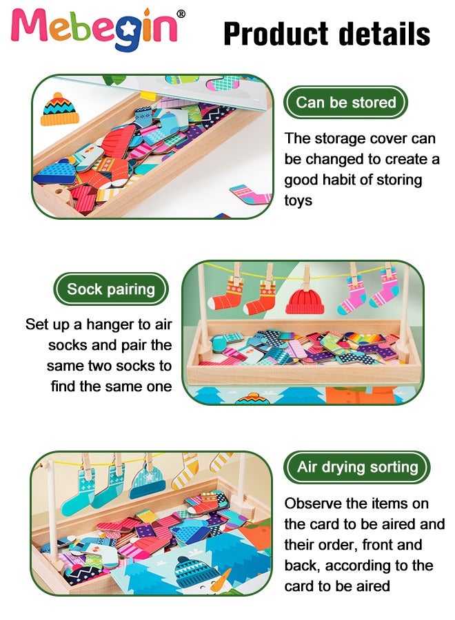 Funny Sock Drying Game, Sock Pairing Toy Set, Wooden Pairing Socks Puzzle with Storage Box and 20 Cards, No Need for Cropping, Educational Memory and Observation Game for Children, Interactive Family Game